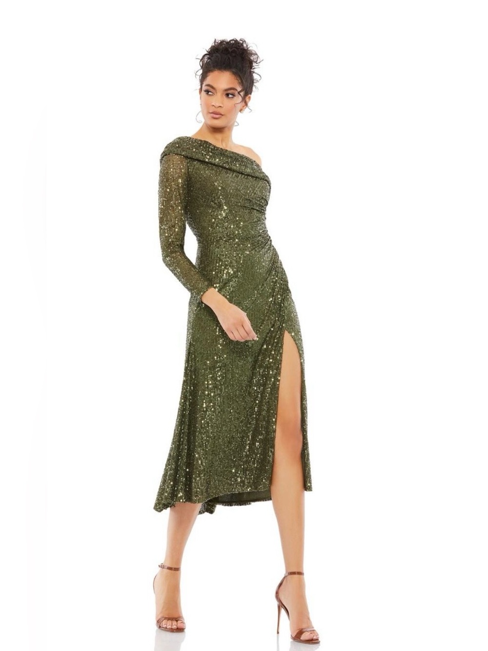 Mac Duggal Olive Green One-Shoulder Sequin Dress